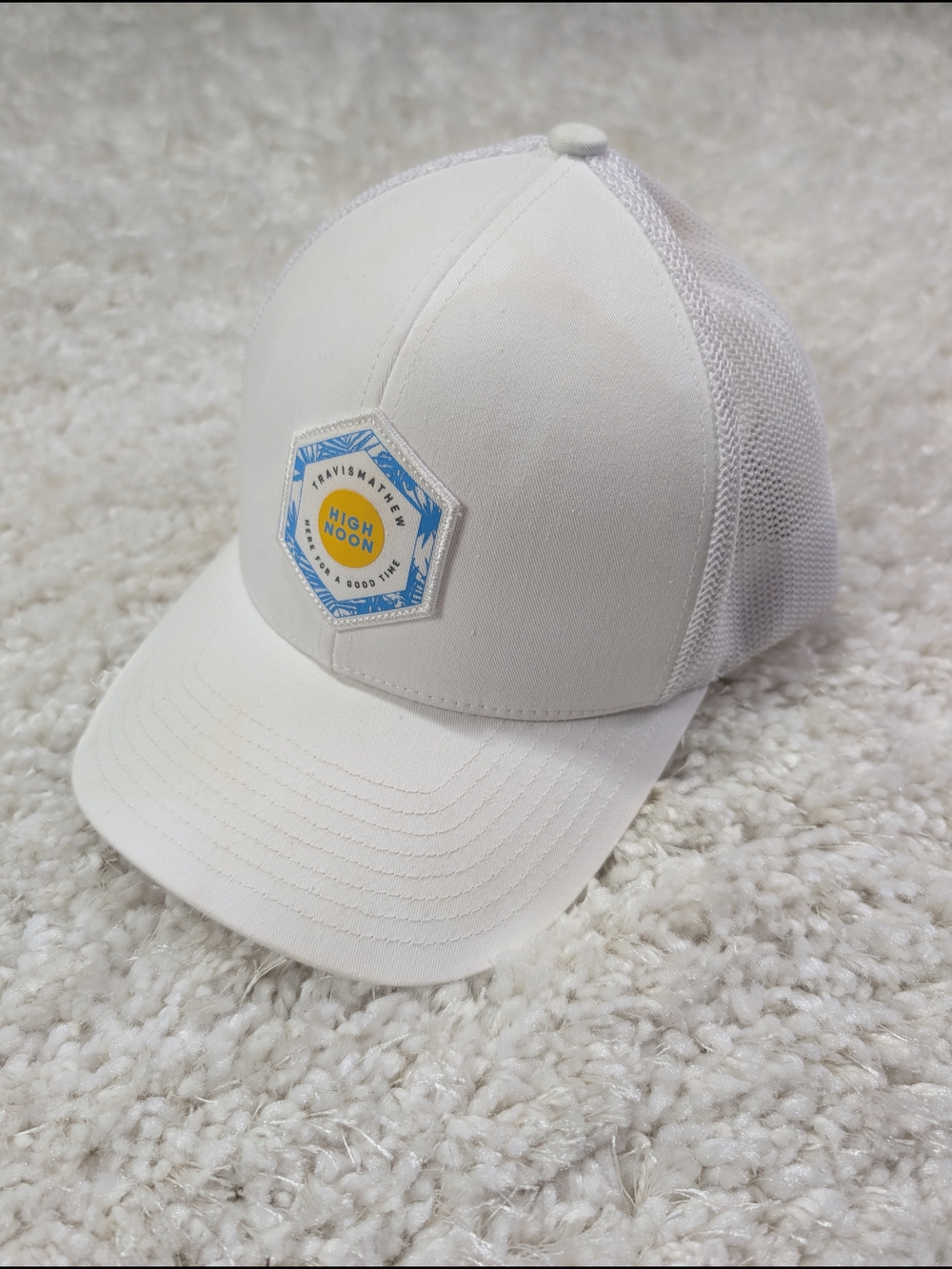 Travis Mathew White Trucker Hat with High Noon Patch
